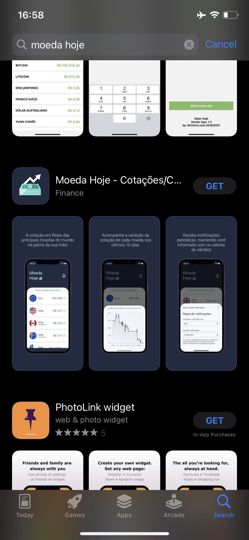 The Moeda Hoje home screen: a last-updated timestamp above each currency quoted in reais