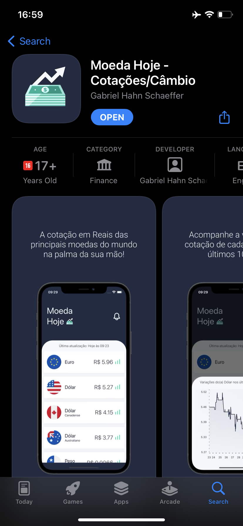 The Moeda Hoje home screen: a last-updated timestamp above each currency quoted in reais