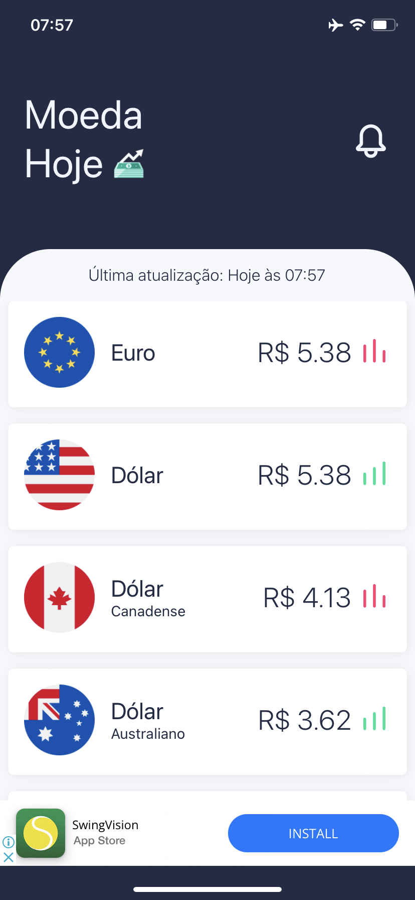 The Moeda Hoje home screen: a last-updated timestamp above each currency quoted in reais
